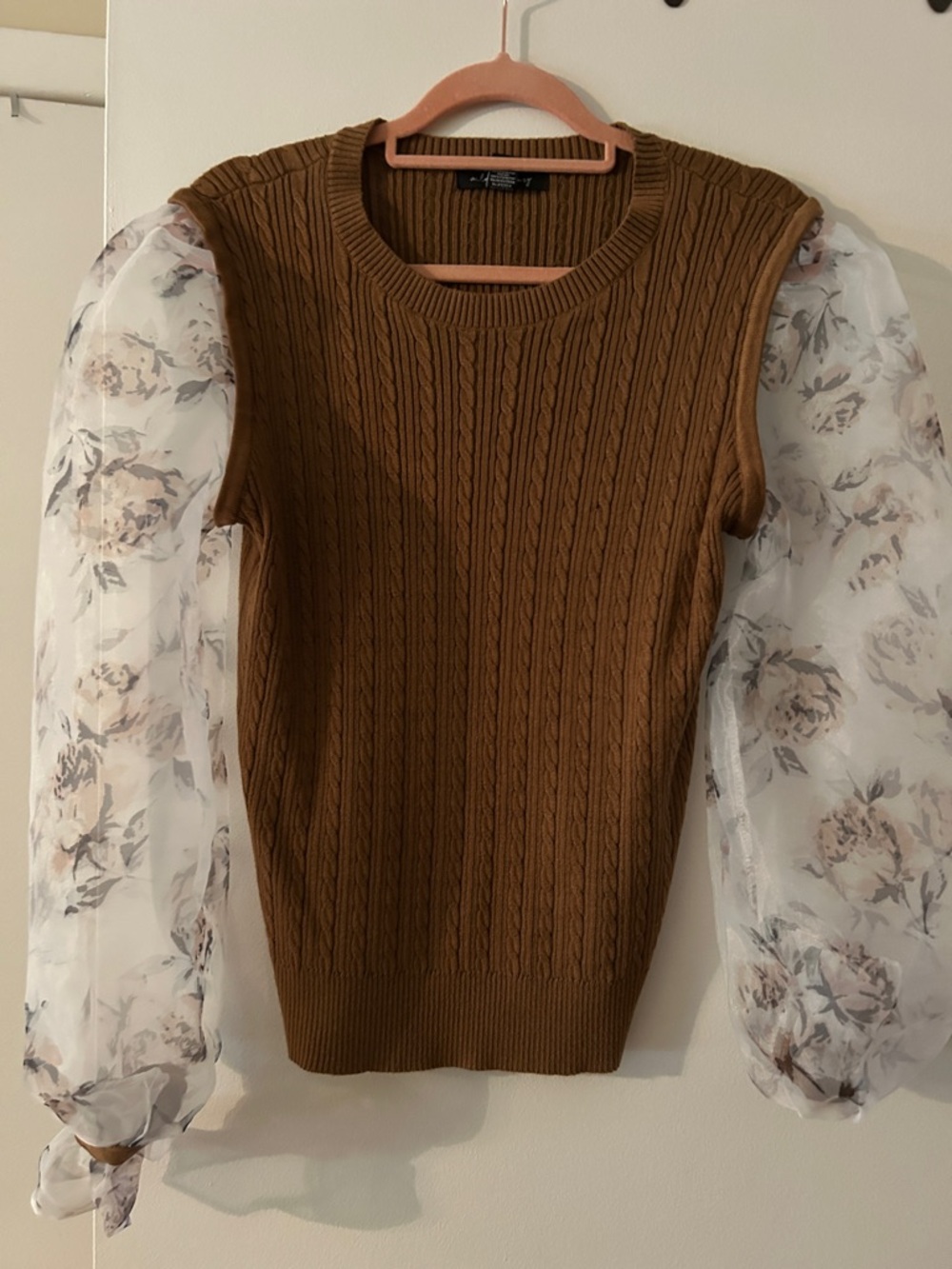 Brown Cable-Knit Sweater with Sheer Floral Puff Sleeves